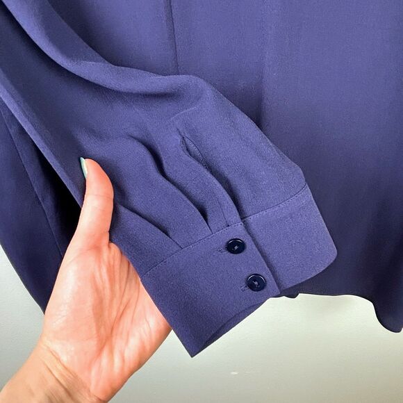 Eileen Fisher Georgette Piped Blouse 100% Silk Crepe Button Down Top Navy Blue M - Picture 13 of 13
